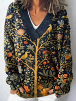 Classic Floral Bird Tree Print V-neck Long Sleeve Loose Sweater