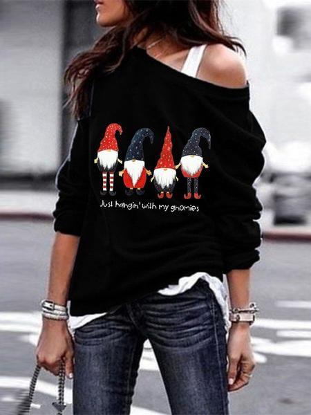 Santa Printed Long Sleeve Oblique Shoulder Sweatshirt