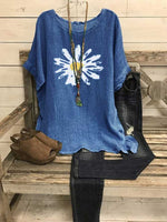 Short Sleeve Crew Neck Shift Sunflower Print Casual Blouse