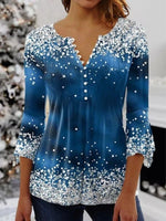 Blue Casual Graphic Tops V-neck Long Sleeve Snowflske Printed Xmas Sweatshirts