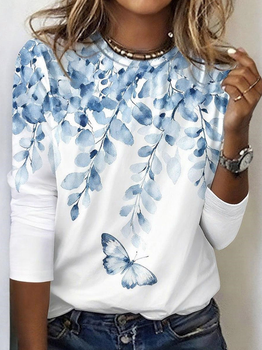 Elegant Blue Leaf Print Round Neck Long Sleeve Top