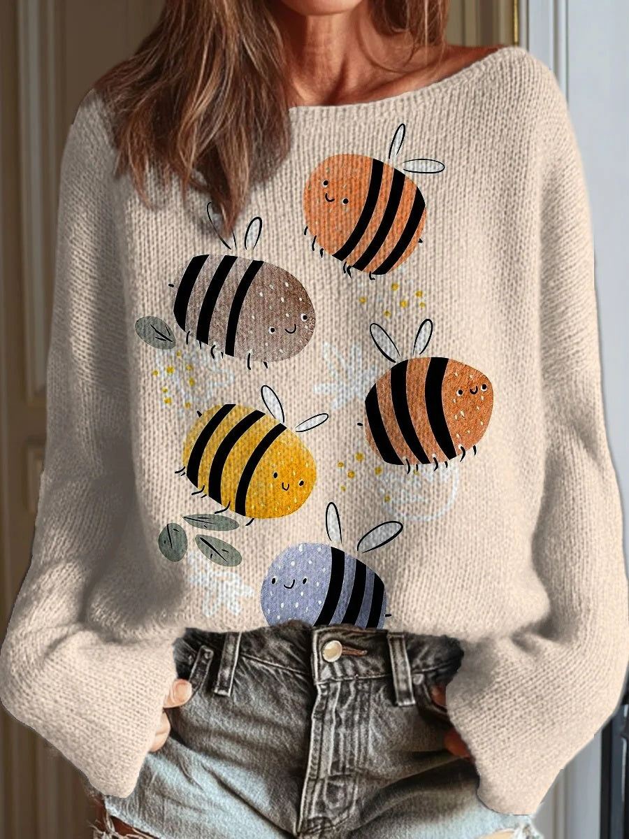 Women's Funny Bee Art Print Casual Round Neck Long Sleeve Pullover Sweater