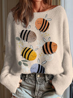 Women's Funny Bee Art Print Casual Round Neck Long Sleeve Pullover Sweater