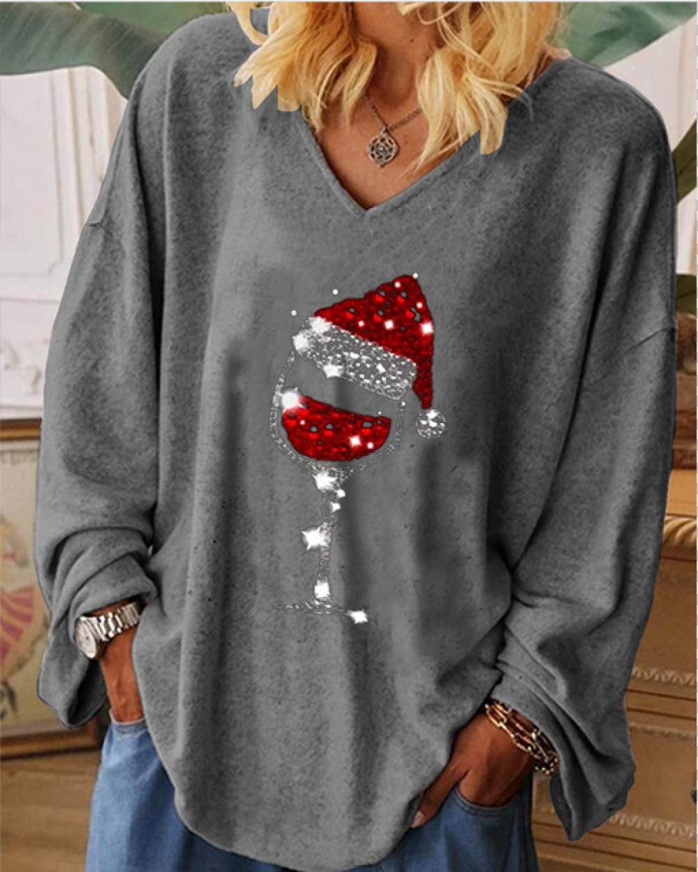 Christmas Wine Glass Print Long Sleeve T-shirt
