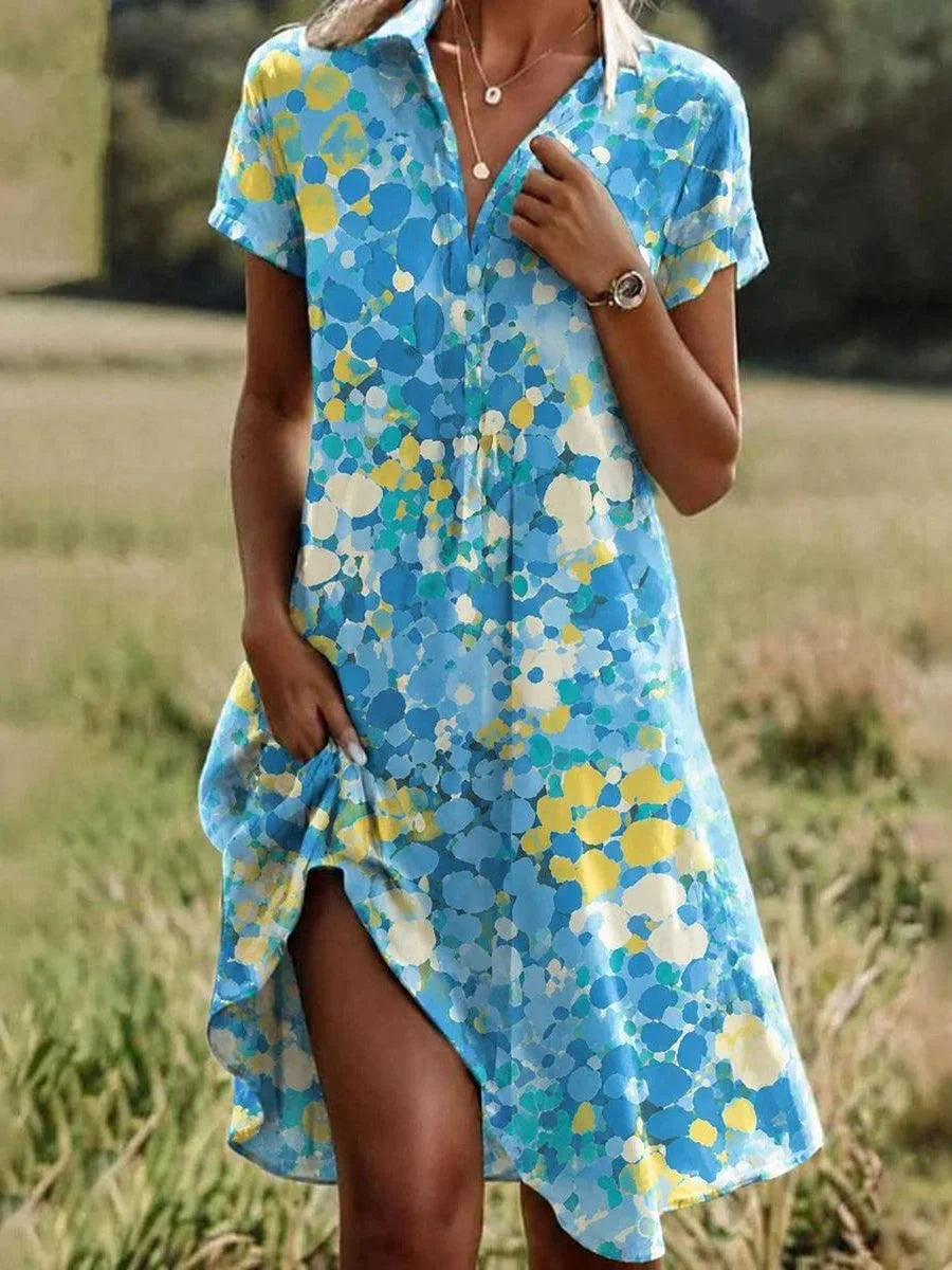 Blue Watercolor Dot Collared Short Sleeve Midi Dress