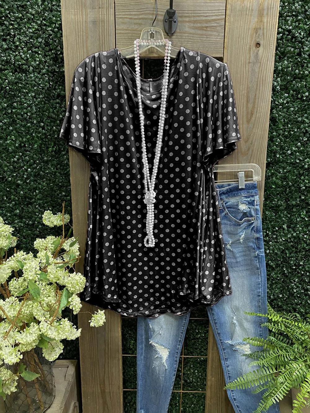Polka Dot Ruffles Round Neck Short Sleeve Casual Blouse