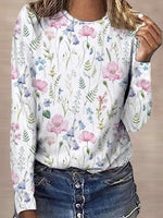 White Casual Graphic Tops Round Neck Long Sleeve Floral Printed Sweatshirt