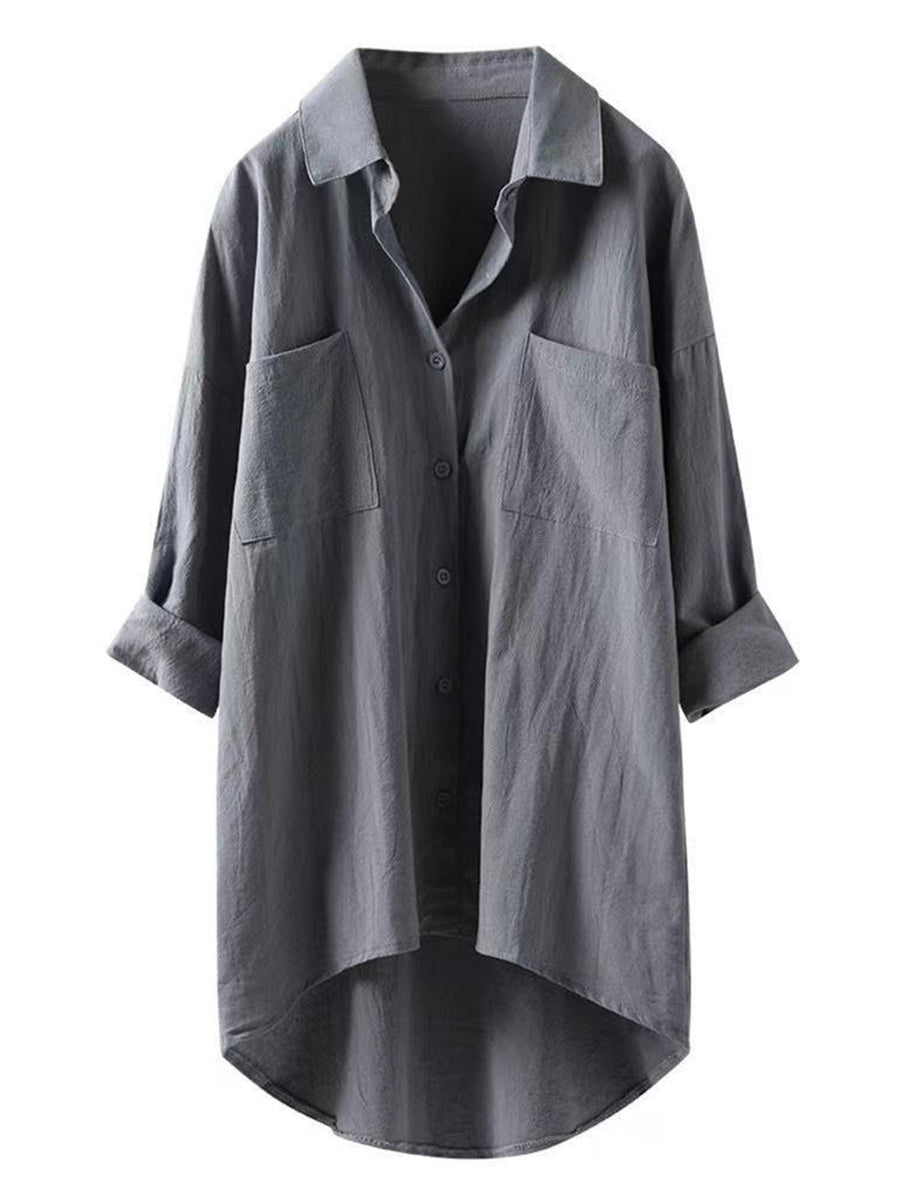 Solid Cotton Linen V Neck Loose Top