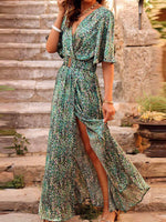 V-neck Short Sleeve Vacation Disty Floral Maxi Dress
