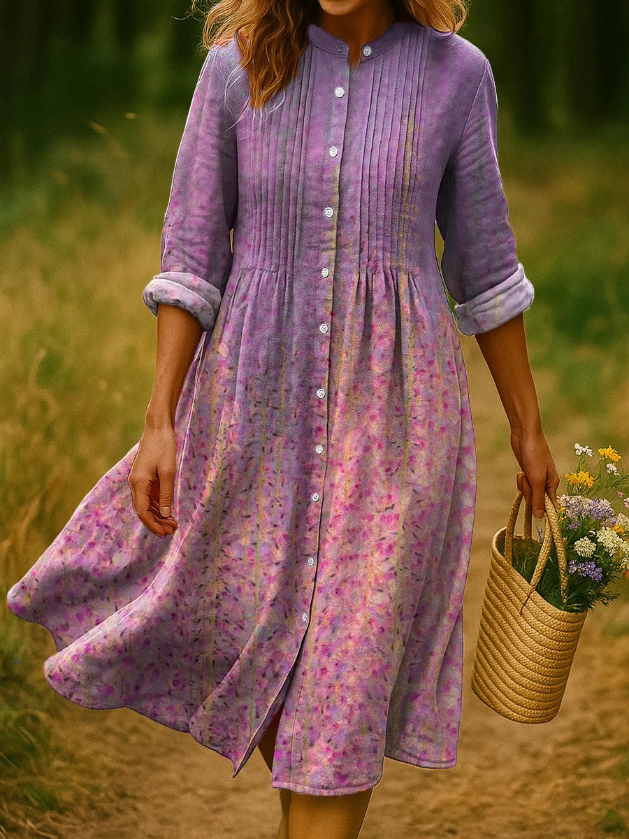 Women's Floral Print Long Sleeve Pleated Dress