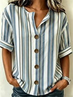 Blue Stripe Button-Front Roll-Tab Short Sleeve Blouse