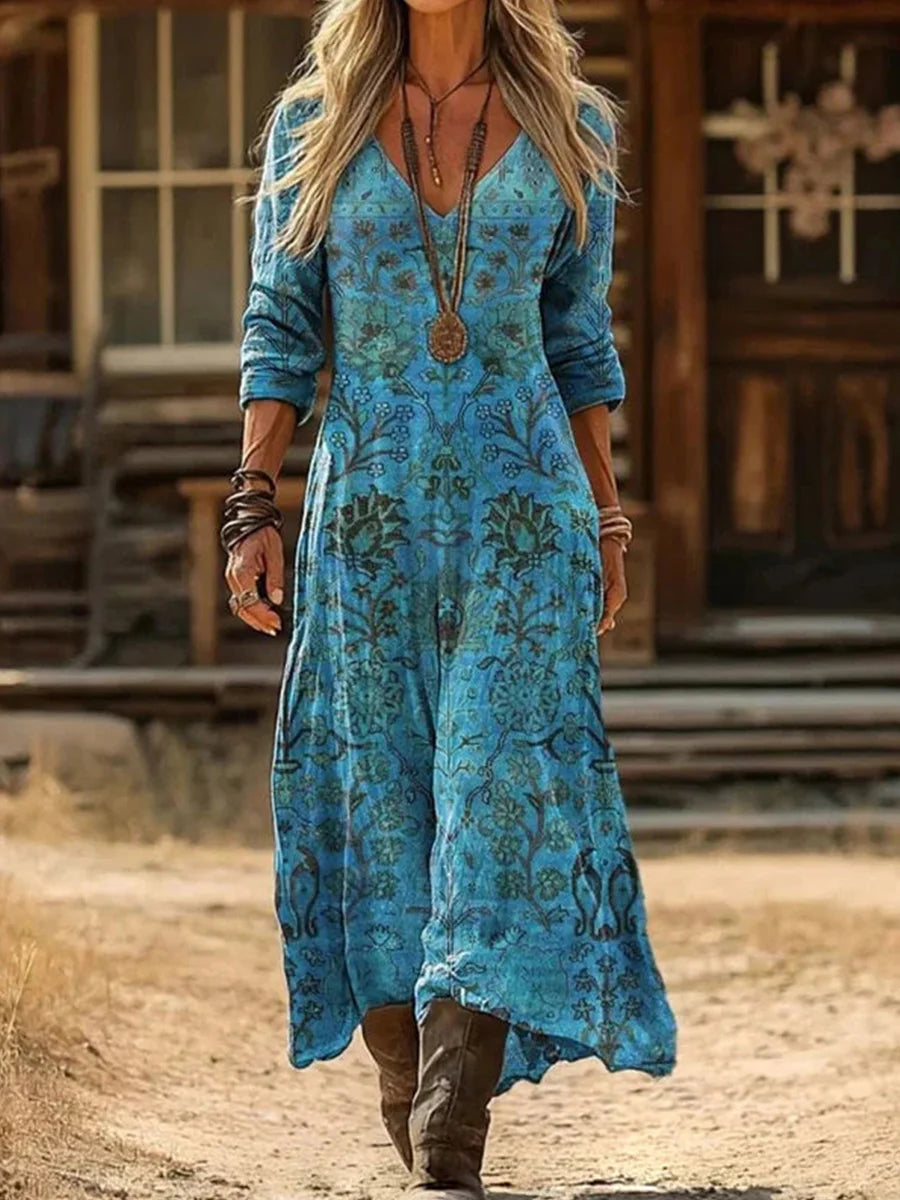 Vintage Floral Print V-neck Long Sleeve Dress