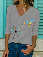 Women's Floral Butterfly Print Long Sleeve V-neck Blouse