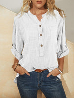 White Solid with Buttons Casual Stand Collar Blouse