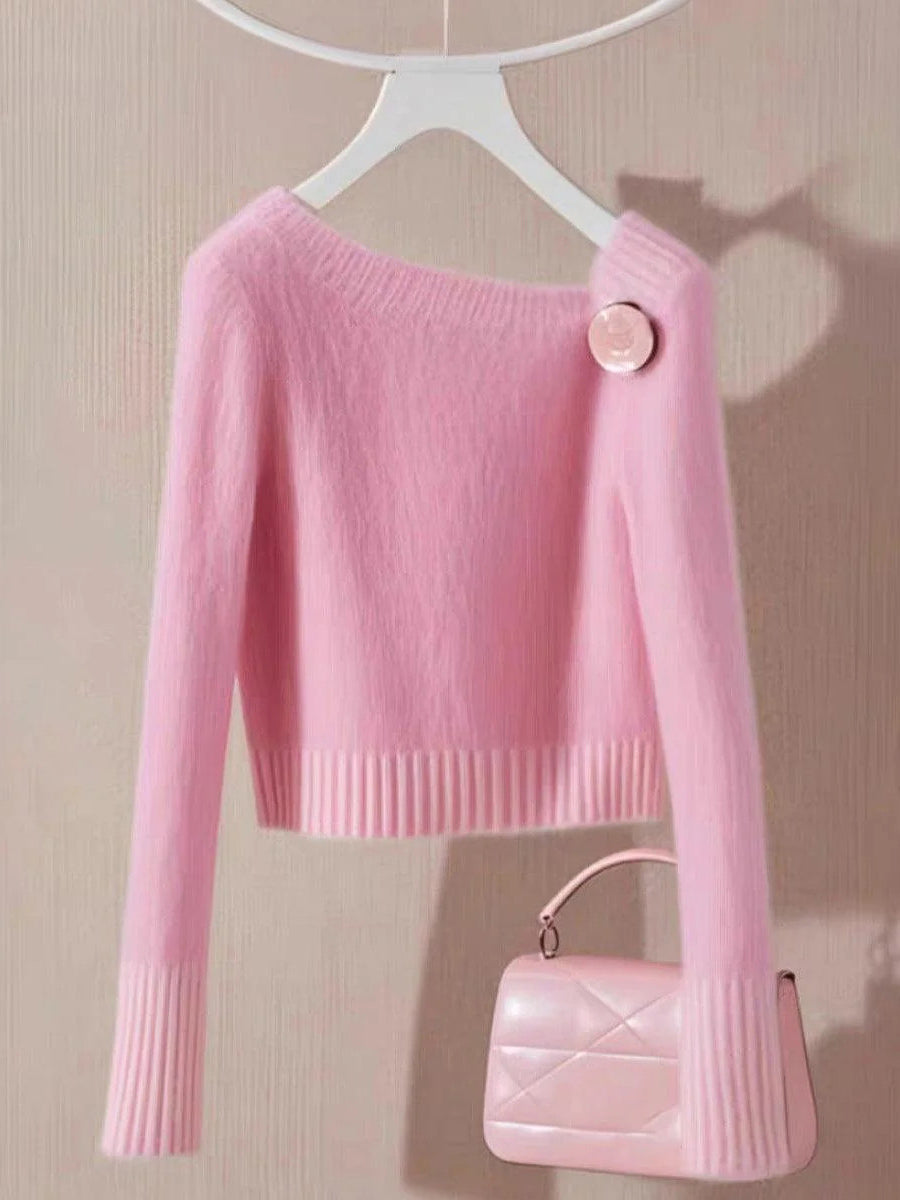 Elegant V-Neck Long Sleeve Pink Sweater