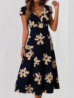 Modern V-neck Short Sleeve Black Midi Dress