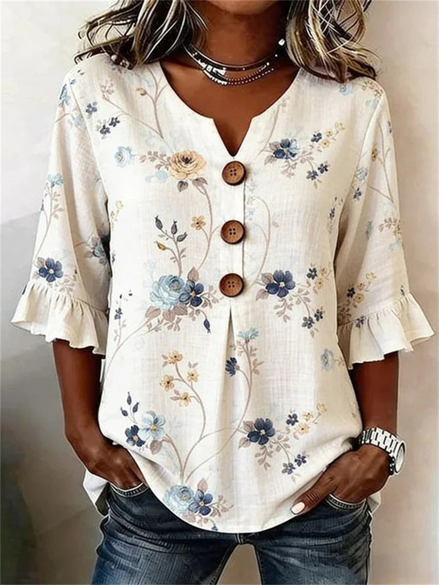 Vintage Floral Print V-neck 3/4 Sleeve Blouse