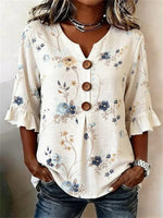 Vintage Floral Print V-neck 3/4 Sleeve Blouse