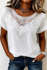 White Swiss Dot Hollow Floral Lace Round Neck Cuffed Short Sleeve Blouse