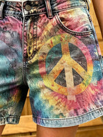 Women's Peace Symbol Tie-Dye Art Print Cotton Denim Shorts