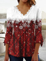 3/4 Sleeve V-neck Graphic Lace Christmas Top
