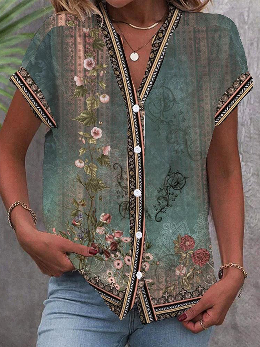 Women's Vintage Floral Print Button Front Short Sleeve Blouse
