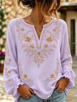 Women's Retro Floral Art Cotton Linen V-neck Long Sleeve T-shirt