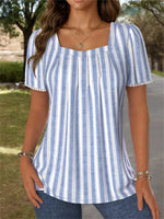 Casual Striped Square Neck Short Sleeve Blouse