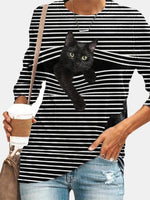 Black Cat Print Long Sleeve O-neck White Striped T-shirt