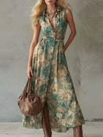 Green Floral Print Sleeveless Midi Dress