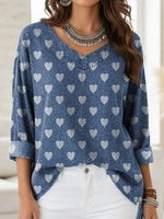 Women's Heart Pattern Print Casual V-neck 3/4 Sleeve Shirt