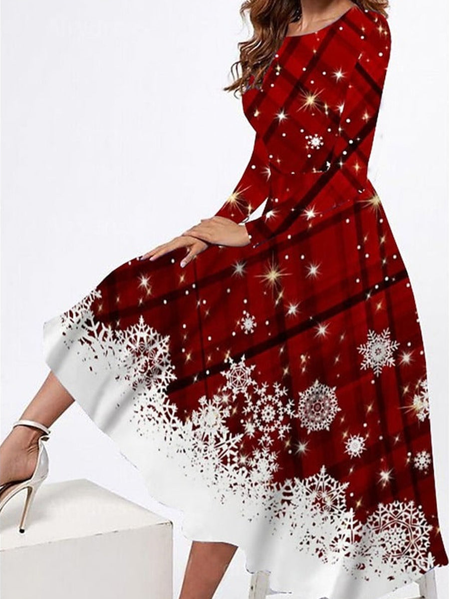 Winter Christmas Party Round Neck Printed Long Sleeve Dresses