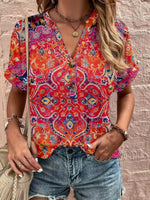 V neck Short Sleeve Button Floral T-Shirt
