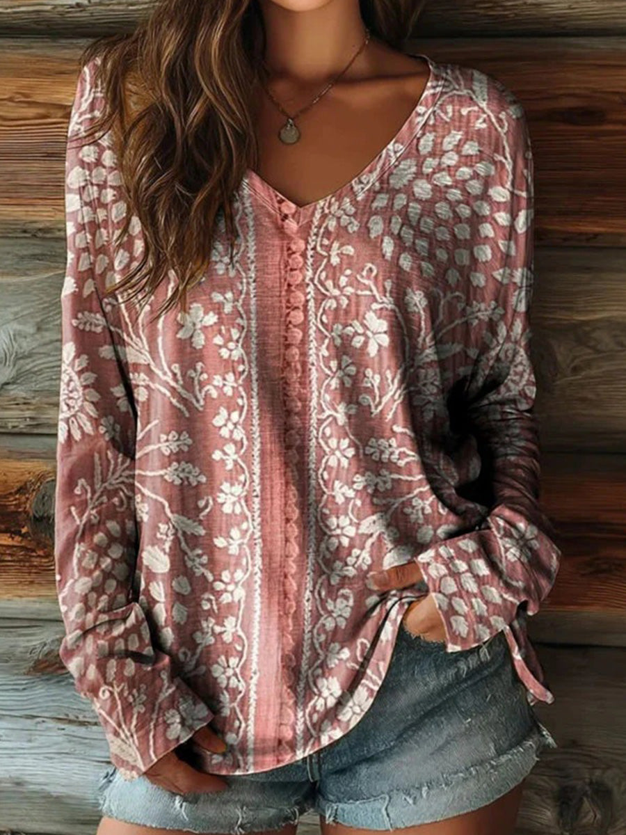 Vintage Floral Print V-neck Long Sleeve T-Shirt