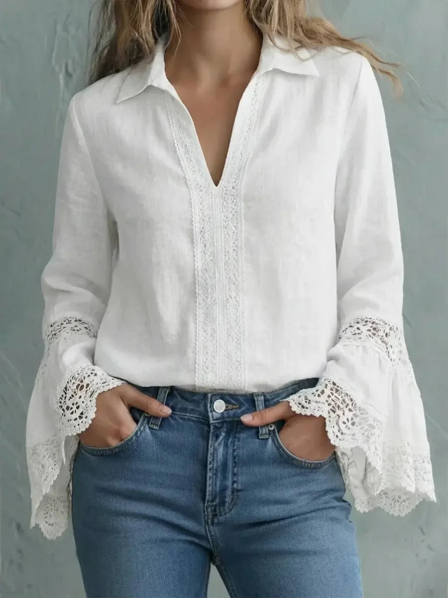 Women's Elegant Lace-trimmed Long Sleeve Shirt