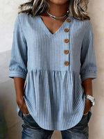 Blue Stripe Button-Front Peplum 3/4 Sleeve Top