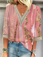 Pink Casual V Neck Printed 3/4 Sleeve Blouse