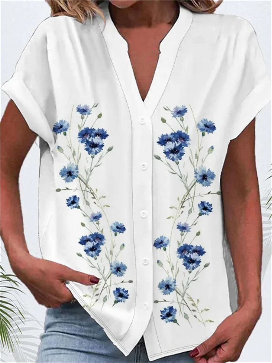 Women Floral Print V-neck Short Sleeve Shirt