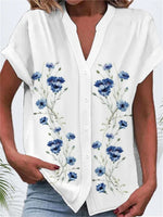Women Floral Print V-neck Short Sleeve Shirt