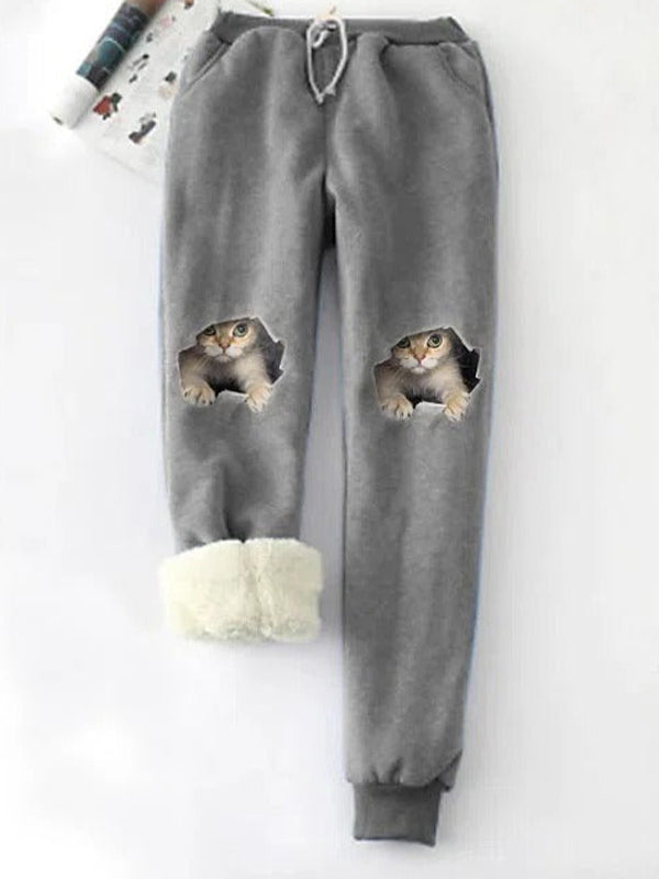 Gray Casual Graphic Bottoms Cat Printed Fleece Pants