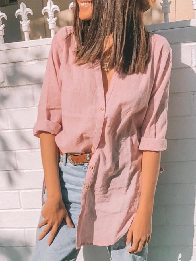 Pink Solid Casual Tops Collared Long Sleeve Blouse