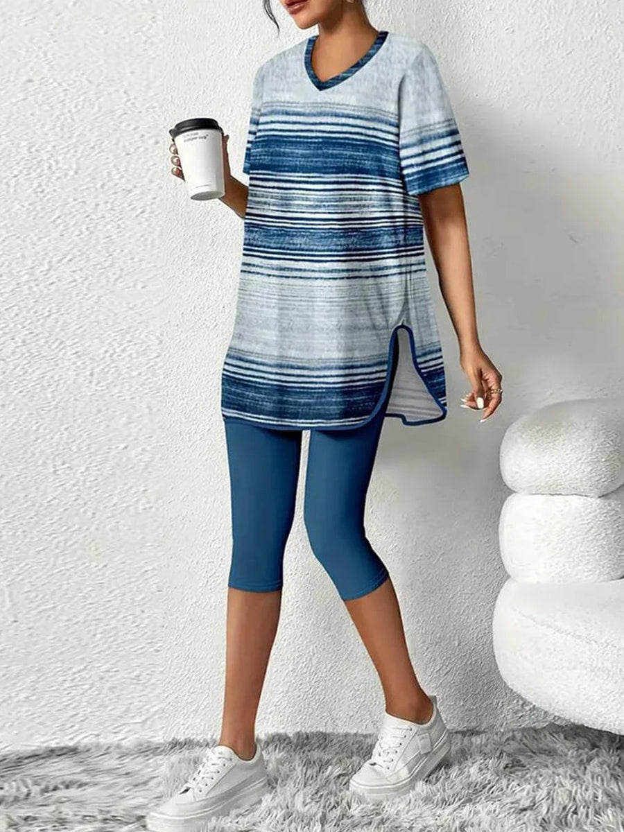 Blue V-Neck Short Sleeve Two Piece Set