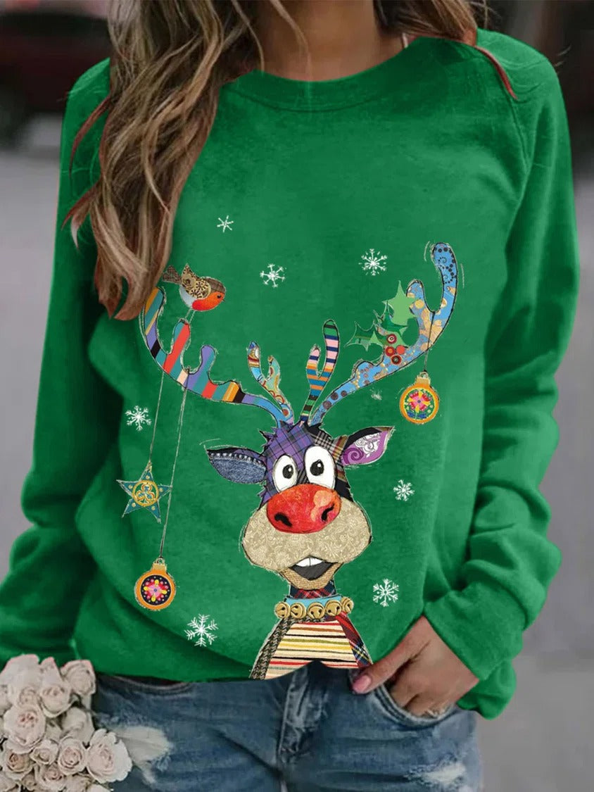 Green Casual Round Neck Animal Printed Long Sleeve Sweatshirts