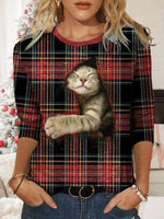 Red Casual Graphic Tops Round Neck Long Sleeve Cat Printed Plaid Sweatshirts