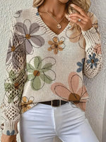 Romantic Floral Print V-neck Long Sleeve Sweater