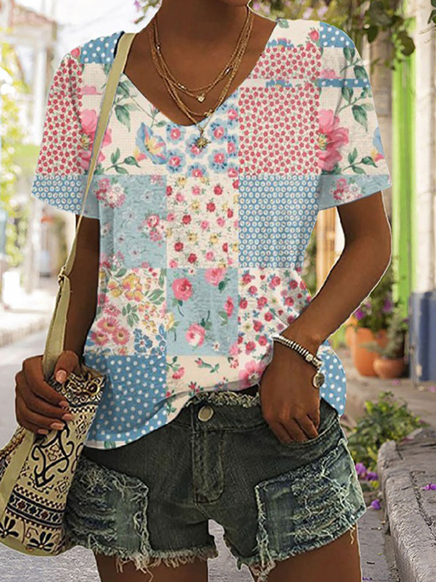 Vintage Floral Print Short-Sleeved T-Shirt