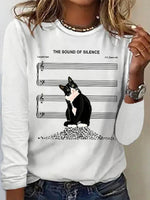 Casual Cat Print Round Neck Long Sleeve T-Shirt