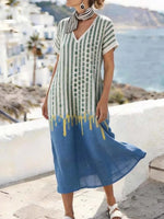 Trendy Blue V-Neck Short Sleeve Midi Dress