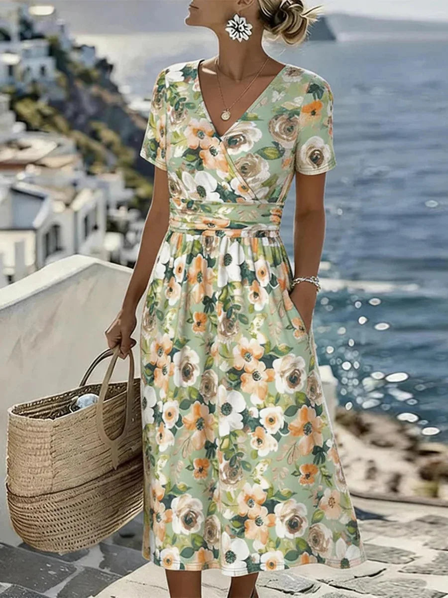 Green Floral Wrap V-Neck Short Sleeve Midi Dress