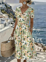 Green Floral Wrap V-Neck Short Sleeve Midi Dress